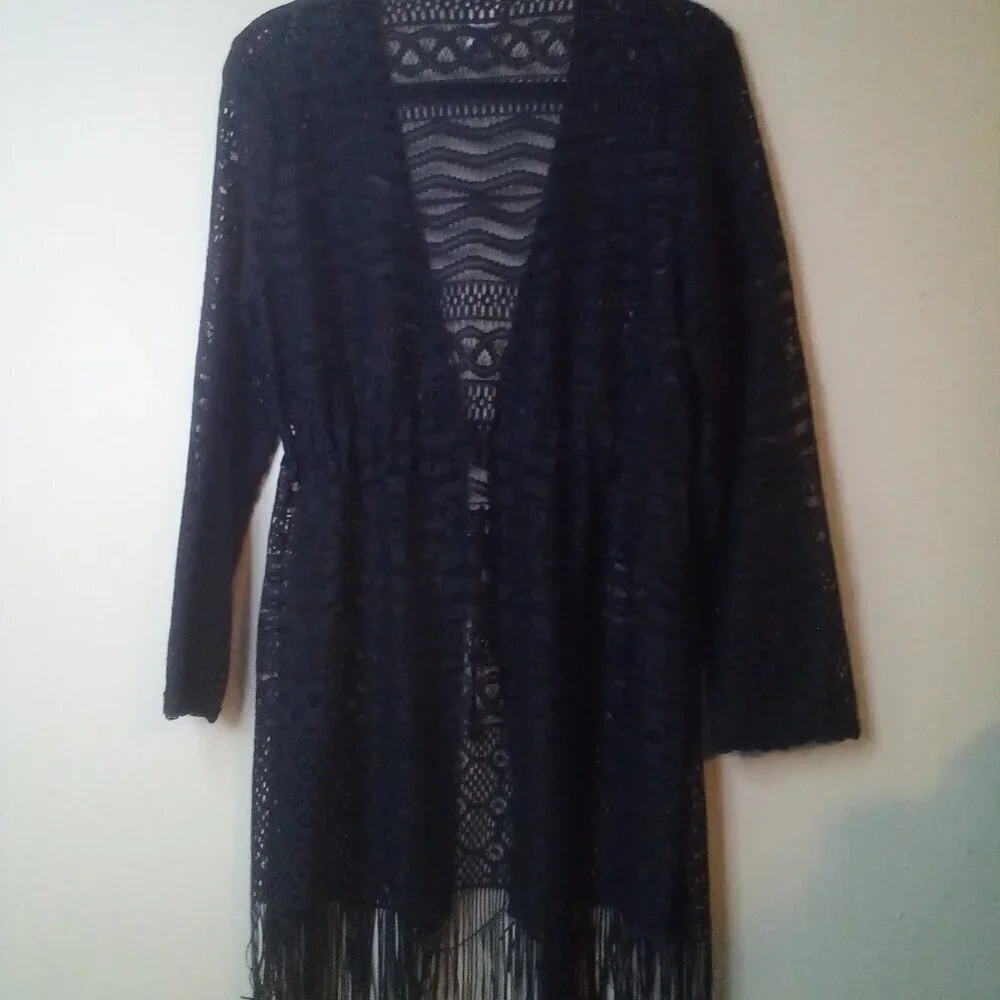 Dotti Cardigan Sweater Women S Long Sleeve Fringe Lace Open Tie Front Black
